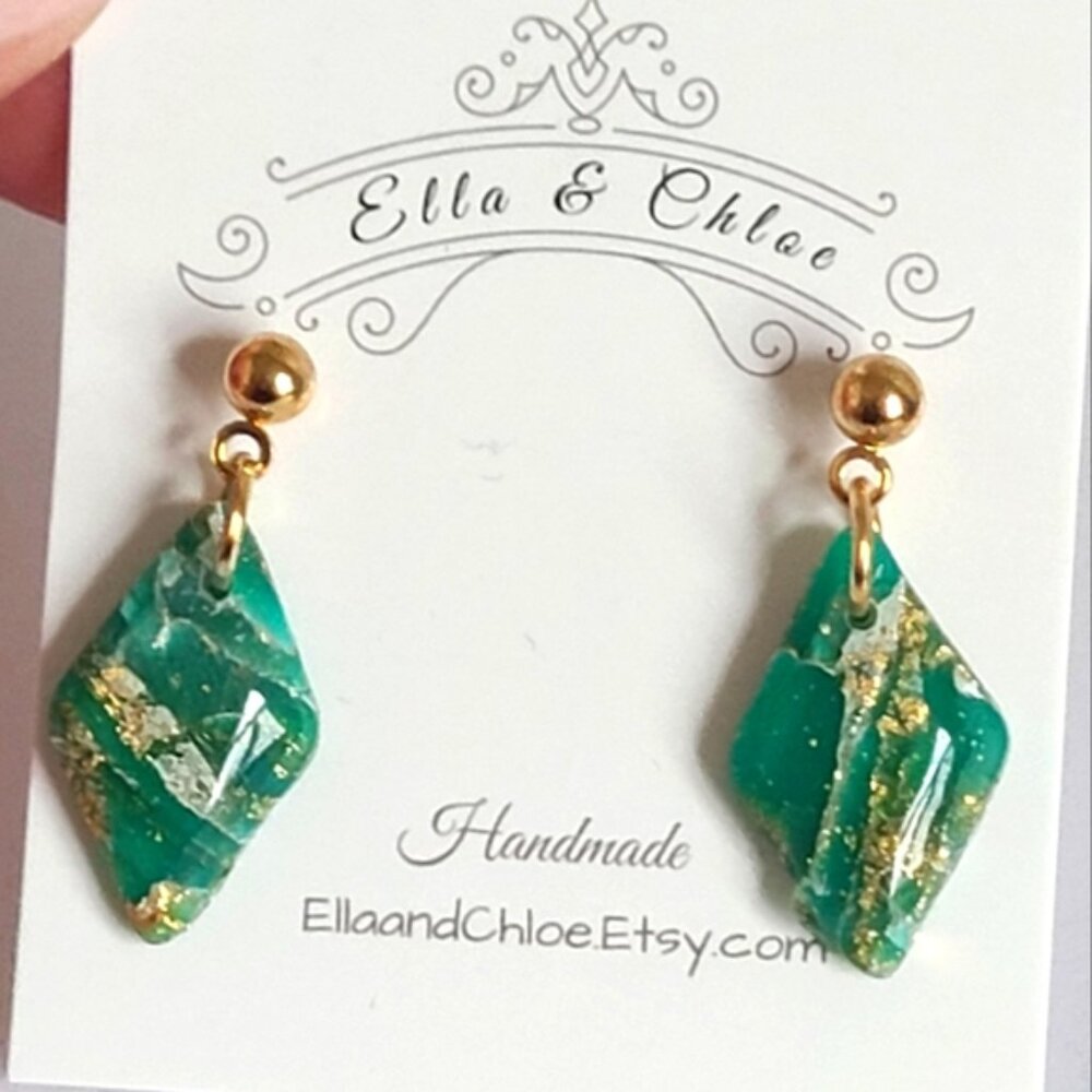 Boho Emerald Green Gold Ball Faux Agate Gemstone Stud Drop Dangle Earrings